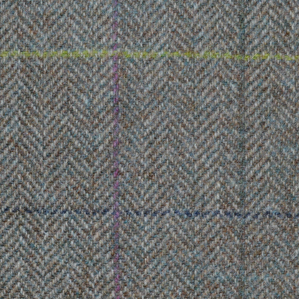 Beige and Moss Green Herringbone with Purple, Navy Blue and Mustard Multi Check All Wool Tweed Coating