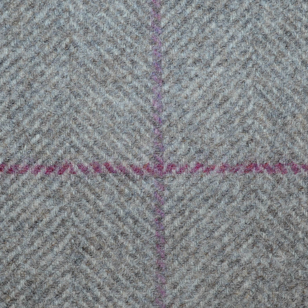 Beige and Ecru Herringbone with Brown, Pink, Magenta and Blue Window Pane Check Check All Wool Tweed Coating
