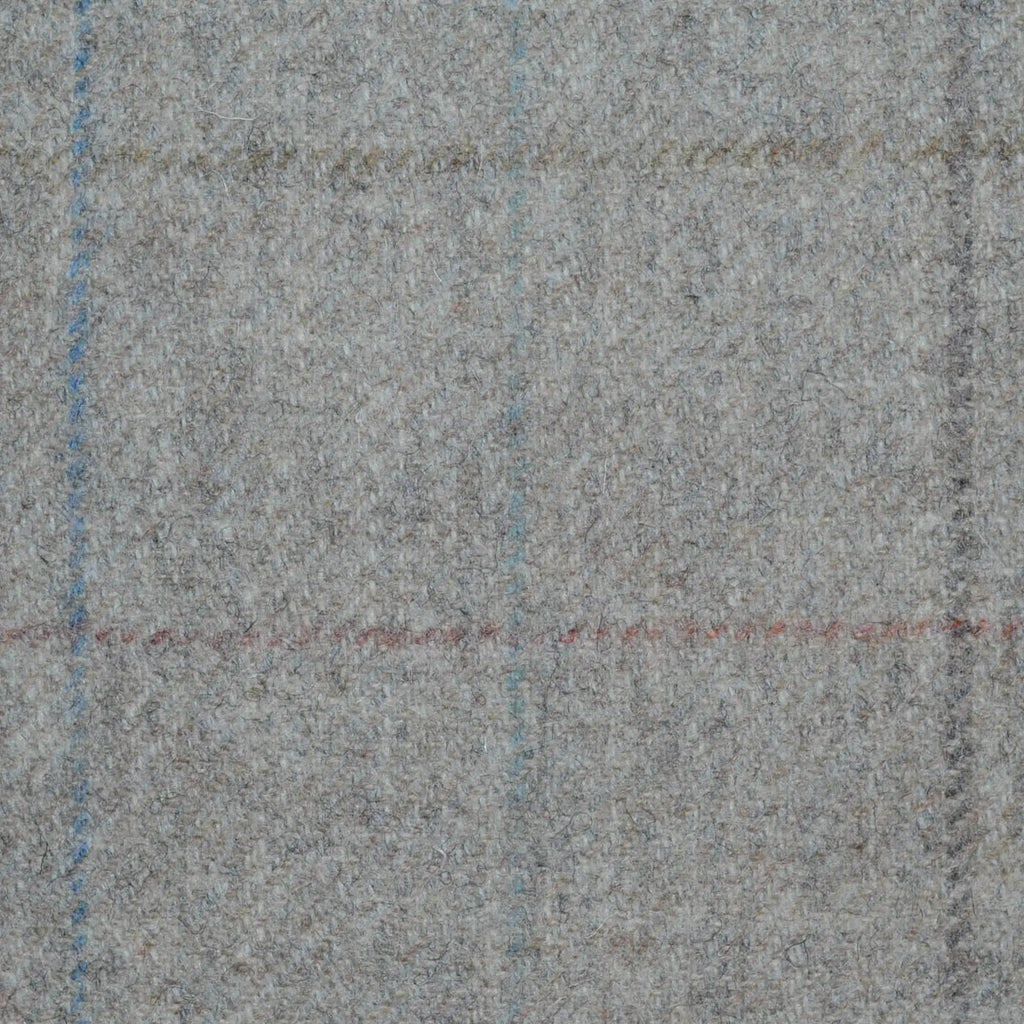 Light Grey with Blue, Pink and Dark Grey Check All Wool Tweed Coating