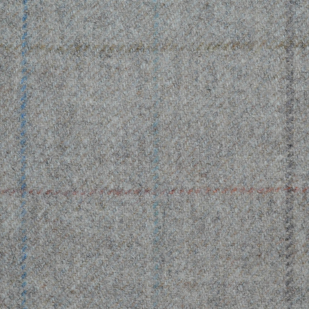 Light Grey with Blue, Pink and Dark Grey Check All Wool Tweed Coating
