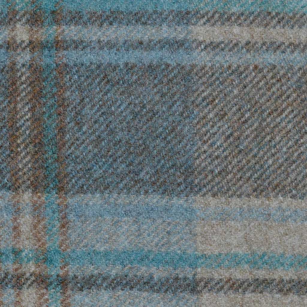 Beige, Brown and Blue Plaid Check All Wool Tweed Coating