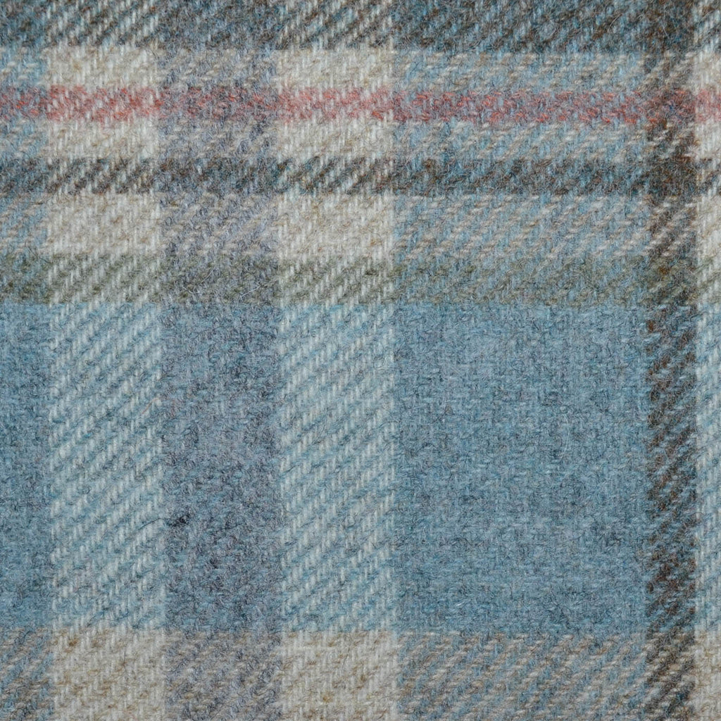 Beige with Sage Green, Light Blue and Tan Plaid Check All Wool Tweed Coating
