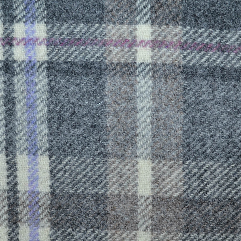 Grey with Ecru, Stone, Dark Grey and Purple Plaid Check All Wool Tweed Coating
