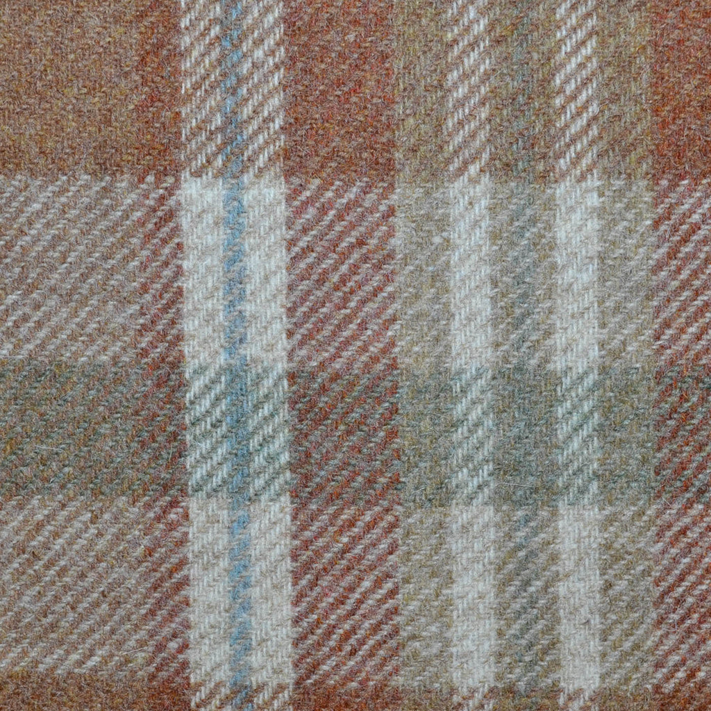 Tan with Beige, Moss Green and Steel Blue Plaid Check All Wool Tweed Coating