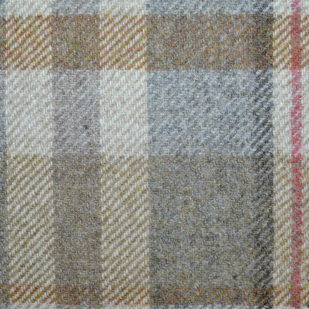 Beige with Moss Green, Grey and Pink Plaid Check All Wool Tweed Coating