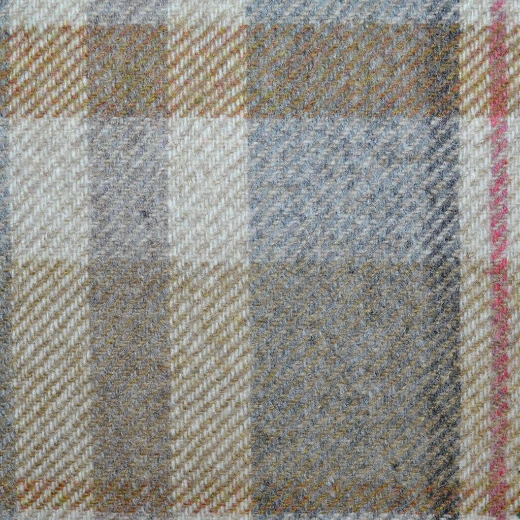 Beige with Moss Green, Grey and Pink Plaid Check All Wool Tweed Coating