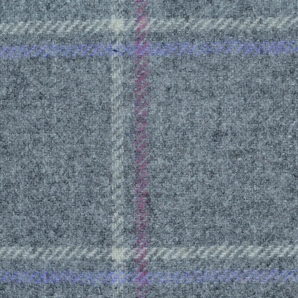 Light Grey with Ecru, Lilac and Pink Window Pane Check All Wool Tweed Coating