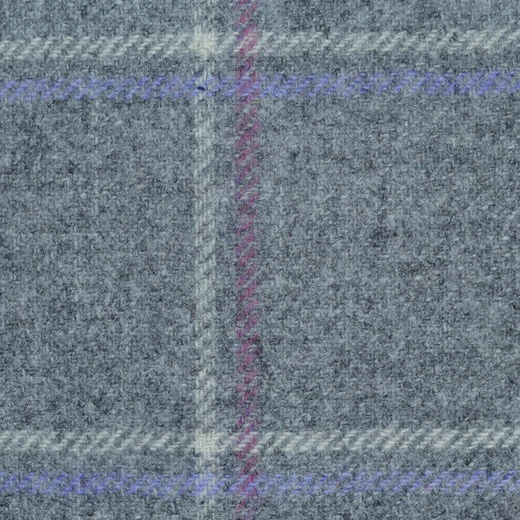 Light Grey with Ecru, Lilac and Pink Window Pane Check All Wool Tweed Coating