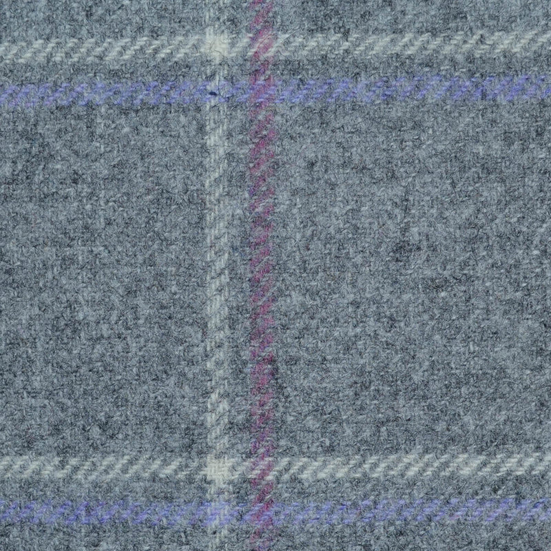 Light Grey with Ecru, Lilac and Pink Window Pane Check All Wool Tweed Coating