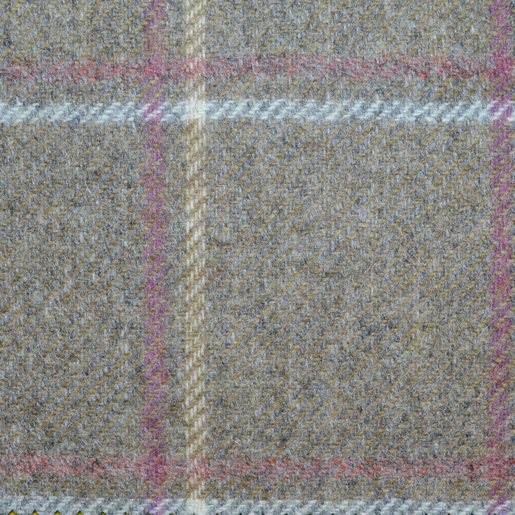 Light Brown with Beige, Ecru and Pink Window Pane Check All Wool Tweed Coating