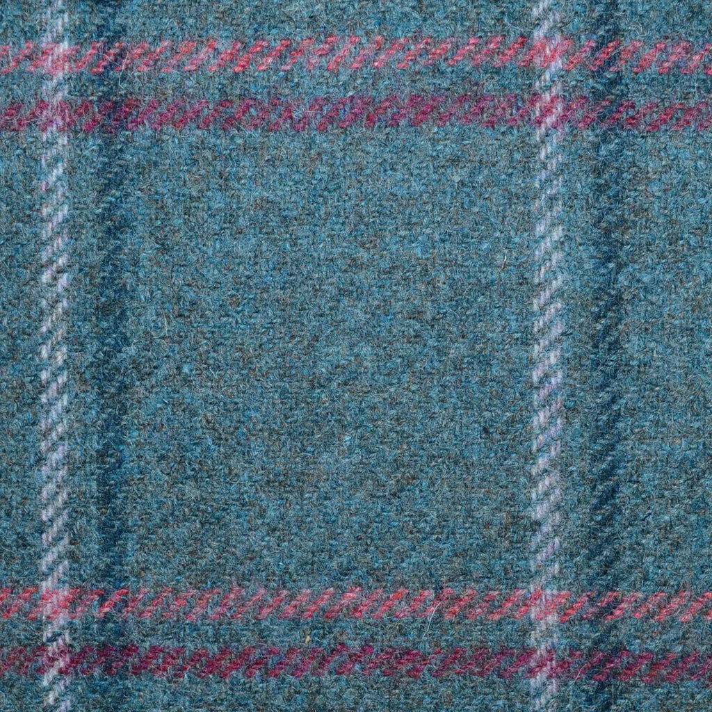 Green with Pink, Burgundy, Dark Green and Ecru Window Pane Check All Wool Tweed Coating