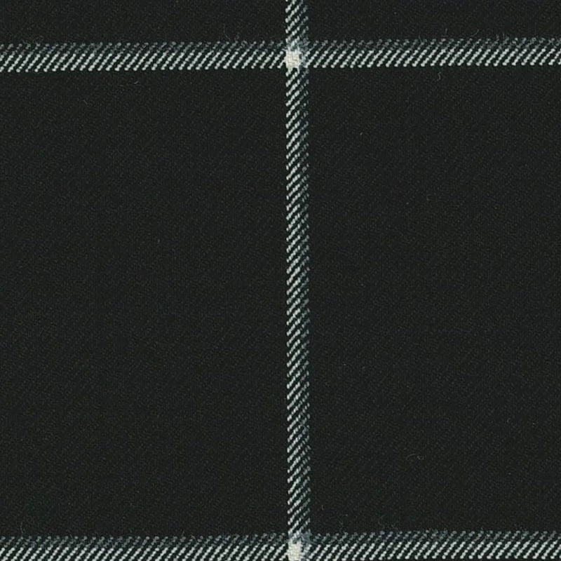 Premium Black with Silver Windowpane Check Super 120's all wool suiting fabric by Holland & Sherry, featuring a refined black base with a subtle silver check pattern, ideal for crafting sophisticated and elegant bespoke suits.