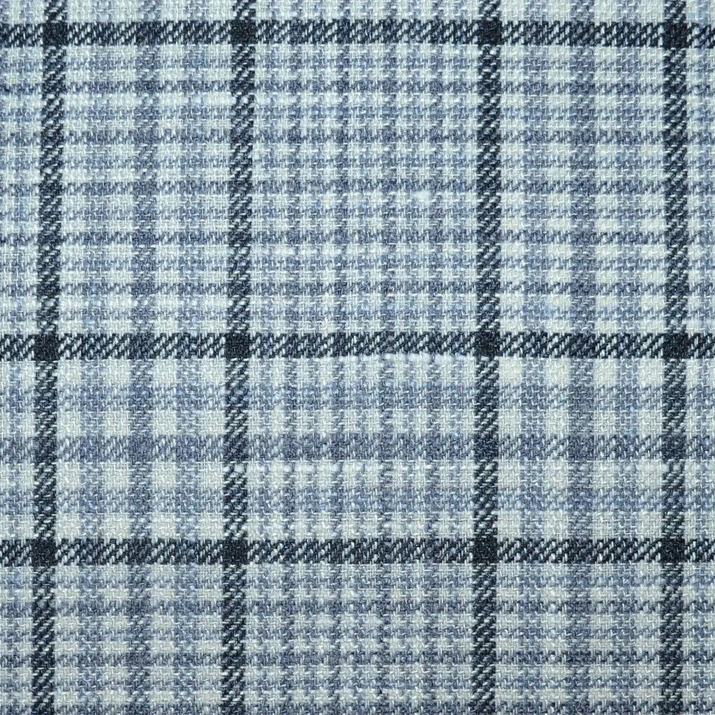 Ecru, Grey and Blue Glen Check Wool, Silk & Linen Jacketing Yorkshire Fabric