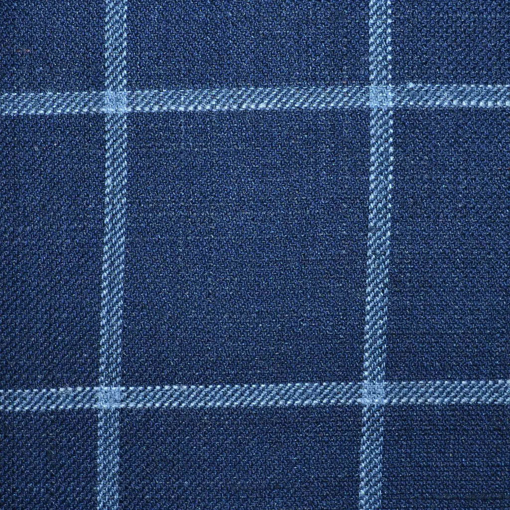Navy Classic Windowpane Check Wool, Silk & Linen Jacketing Yorkshire Fabric