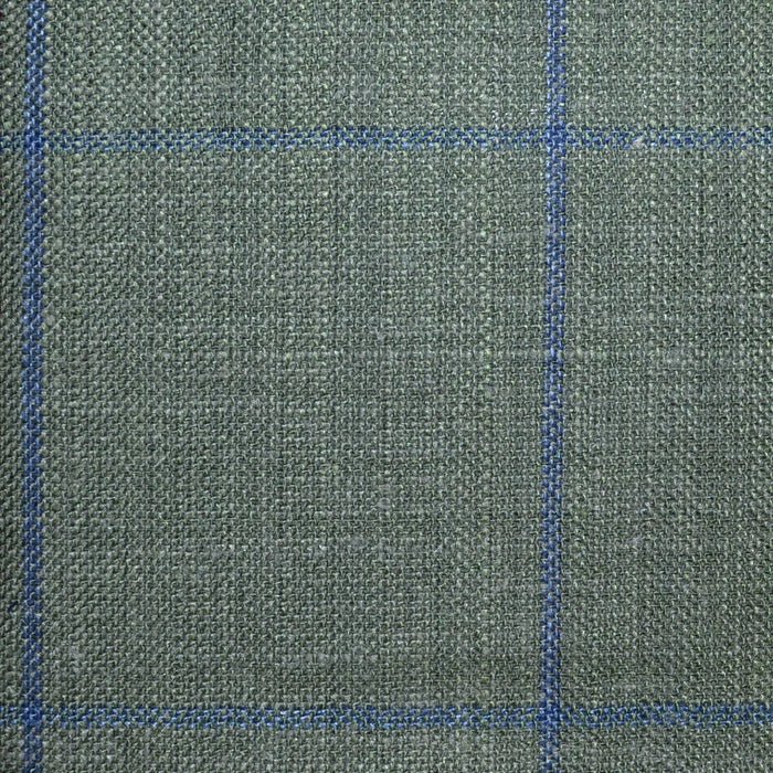 Green with Blue Windowpane Check Wool, Silk & Linen Jacketing Yorkshire Fabric