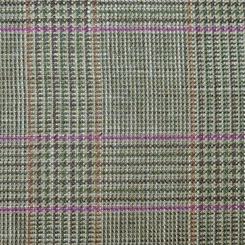 Moss Green Glen Check Wool, Silk & Linen Jacketing Yorkshire Fabric