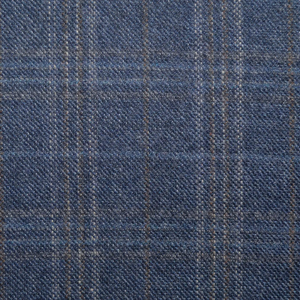 Medium Blue with Navy Blue, Orange and Brown Check Lambswool & Cashmere Jacketing (Copy) Yorkshire Fabric