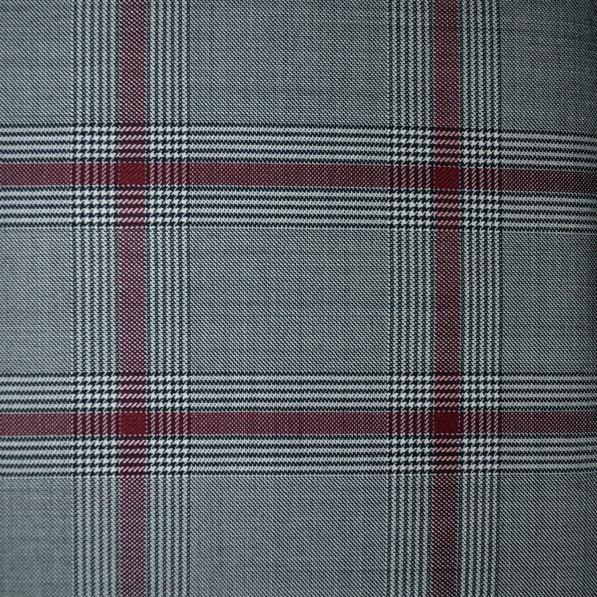 Light Grey Sharkskin with Wine and Dark Grey Plaid Check Super 120's All Wool Suiting - 2.30 Metres
