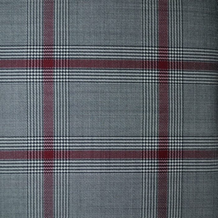 Light Grey Sharkskin with Wine and Dark Grey Plaid Check Super 120's All Wool Suiting - 2.30 Metres