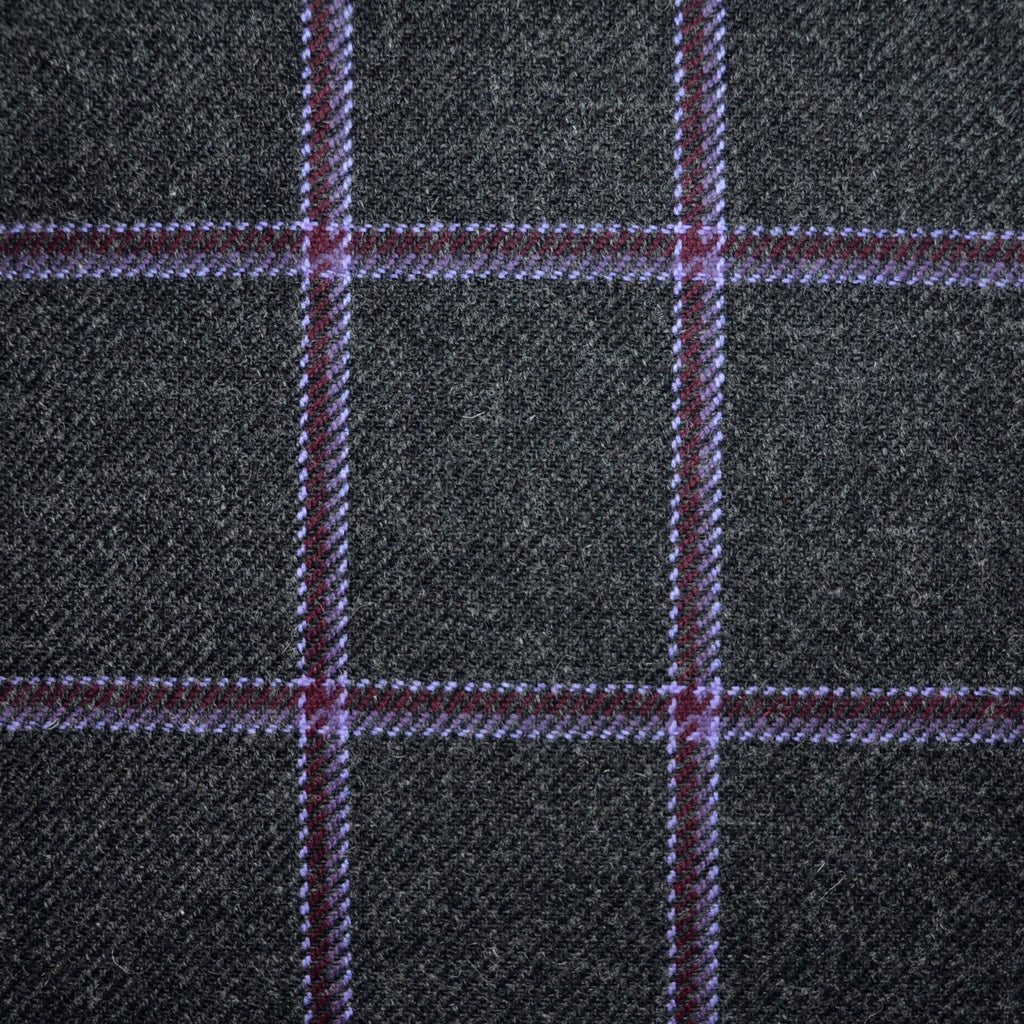 Dark Grey with Purple, White and Burgundy Window Pane Check All Wool British Tweed - 2.35 Metres
