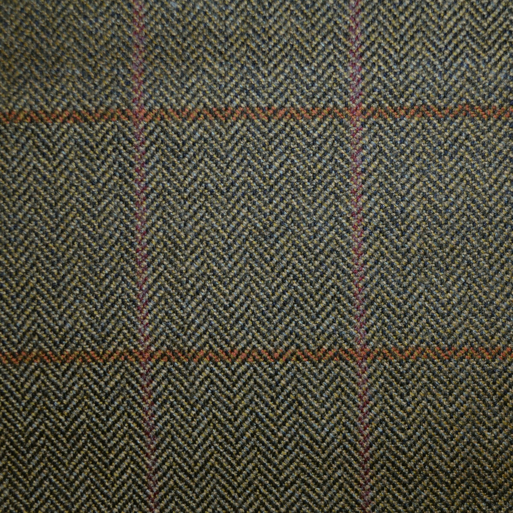 Beige and Moss Green Herringbone with Red and Tan Check Shetland Tweed - 2.00 Metres