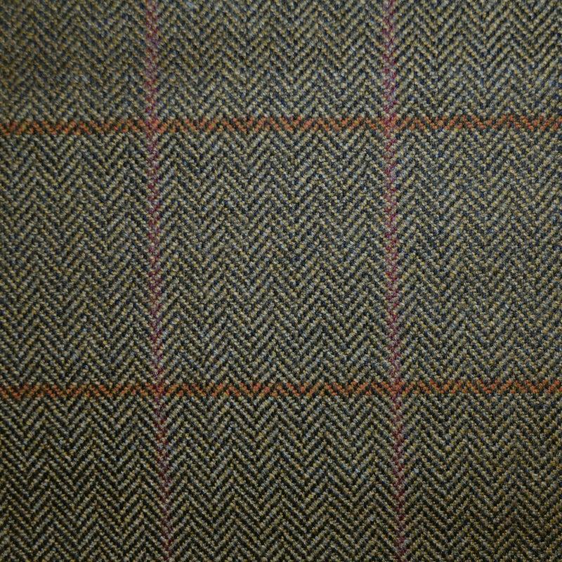 Beige and Moss Green Herringbone with Red and Tan Check Shetland Tweed - 2.00 Metres