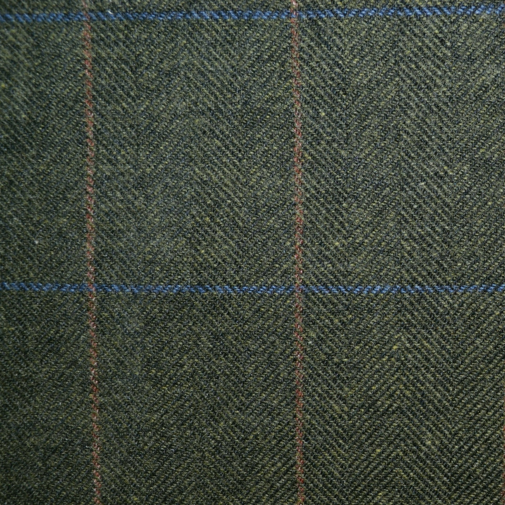 Moss Green Herringbone with Blue and Tan Check Shetland Tweed - 2.40 Metres