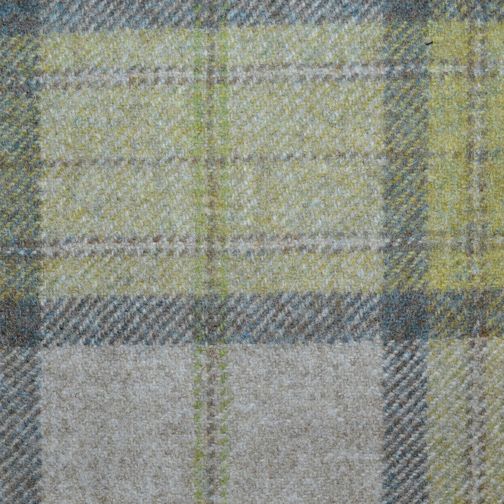 Beige, Light Green, Grey and Mustard Plaid Check All Wool Tweed Coating