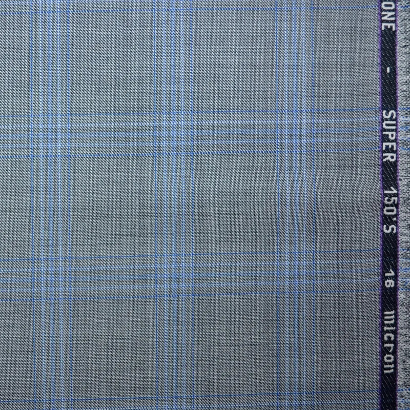 Medium Grey with Navy Blue Multi Check Super 150's Wool Italian Suiting - 3.50 Metres Yorkshire Fabric