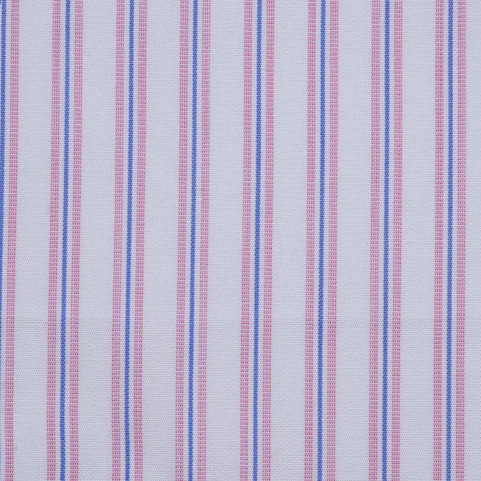White with Blue and Pink Triple Stripe Cotton Shirting
