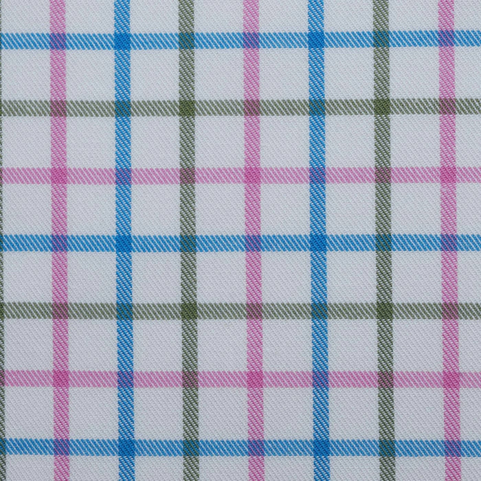 White with Moss Green, Pink and Bright Blue Multi Colour Box Check Cotton Shirting
