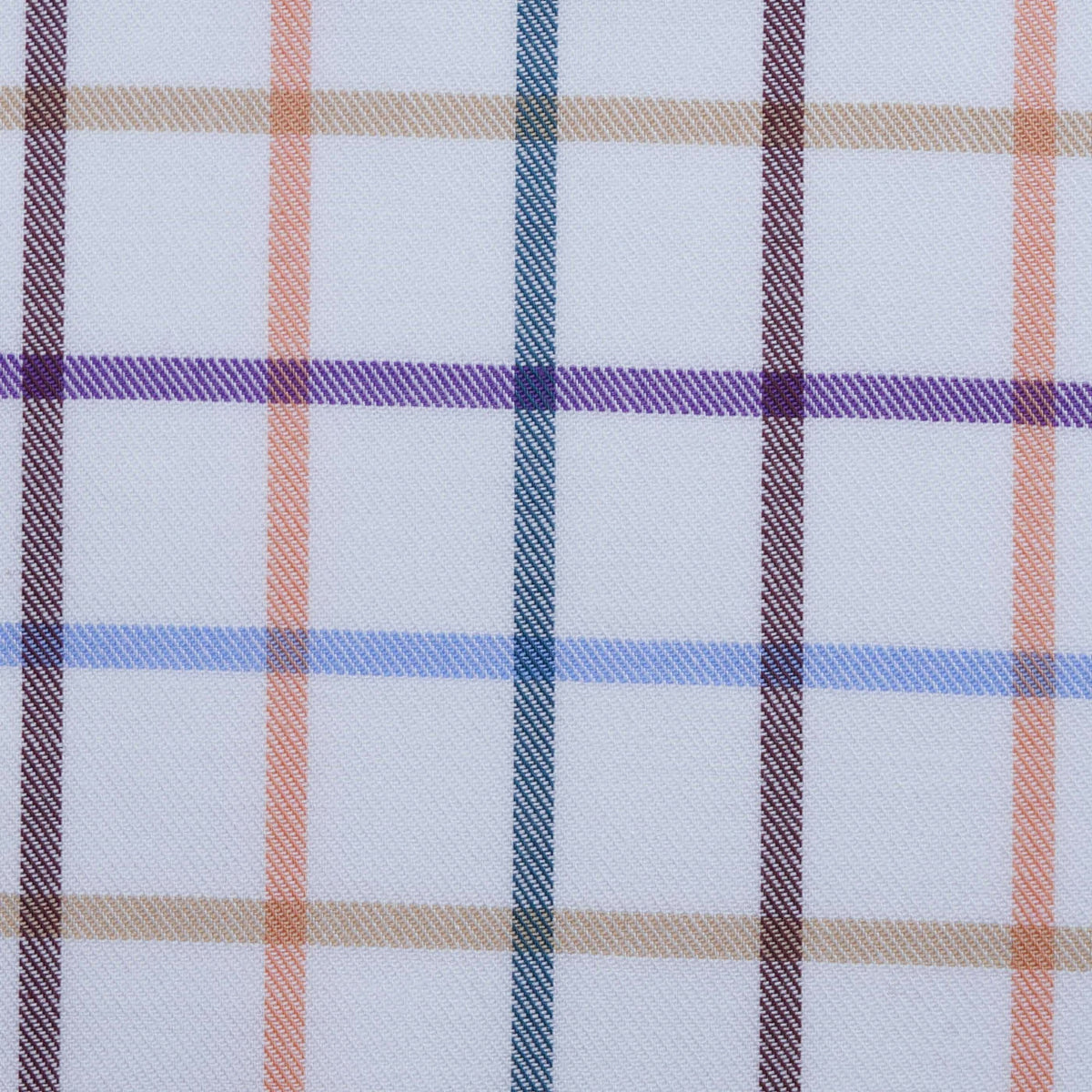 White with Orange, Brown, Purple and Green Multi Colour Box Check Cotton Shirting
