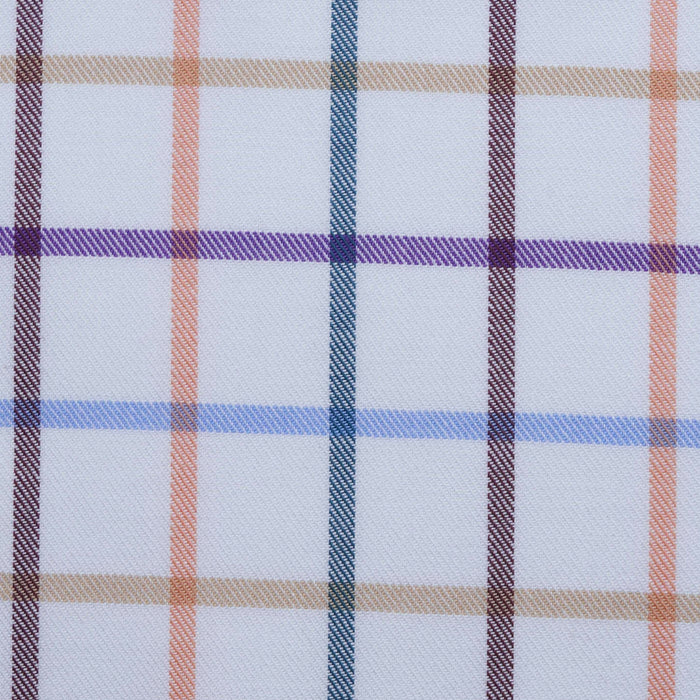 White with Orange, Brown, Purple and Green Multi Colour Box Check Cotton Shirting
