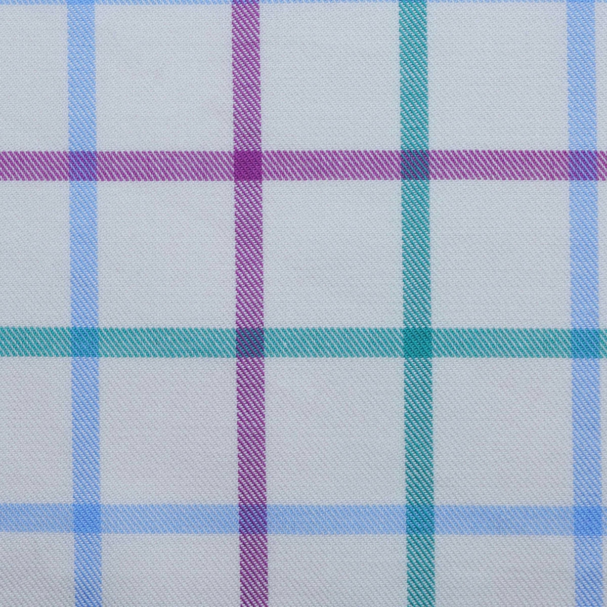 White with Purple, Green and Sky Blue Multi Colour Box Check Cotton Shirting
