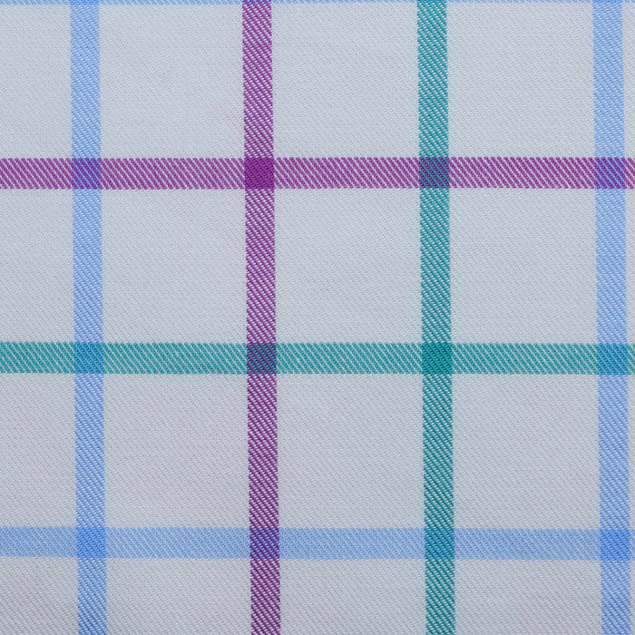 White with Purple, Green and Sky Blue Multi Colour Box Check Cotton Shirting
