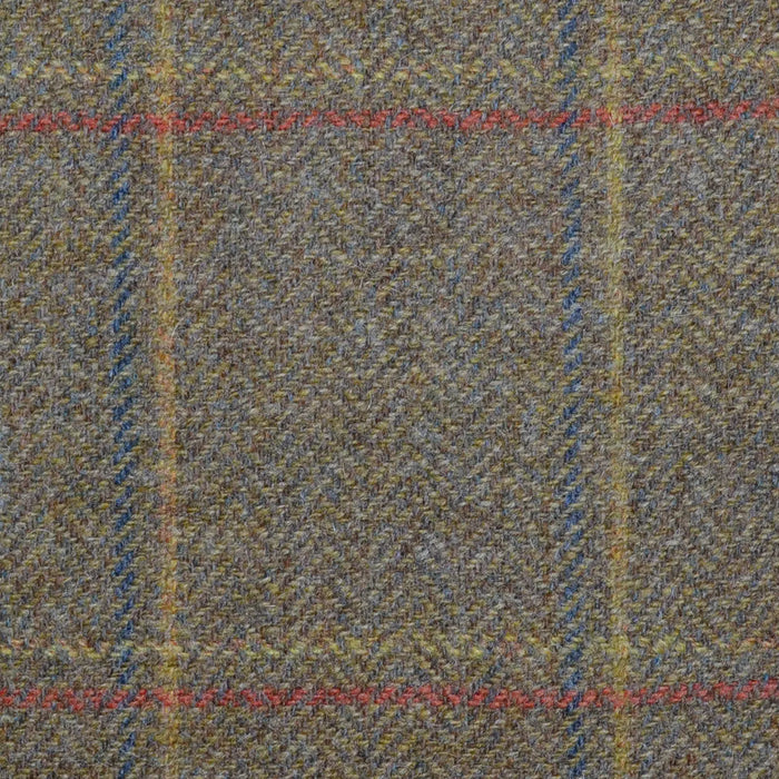 Moss Green Herringbone with Blue, Mustard and Orange Check Tweed
