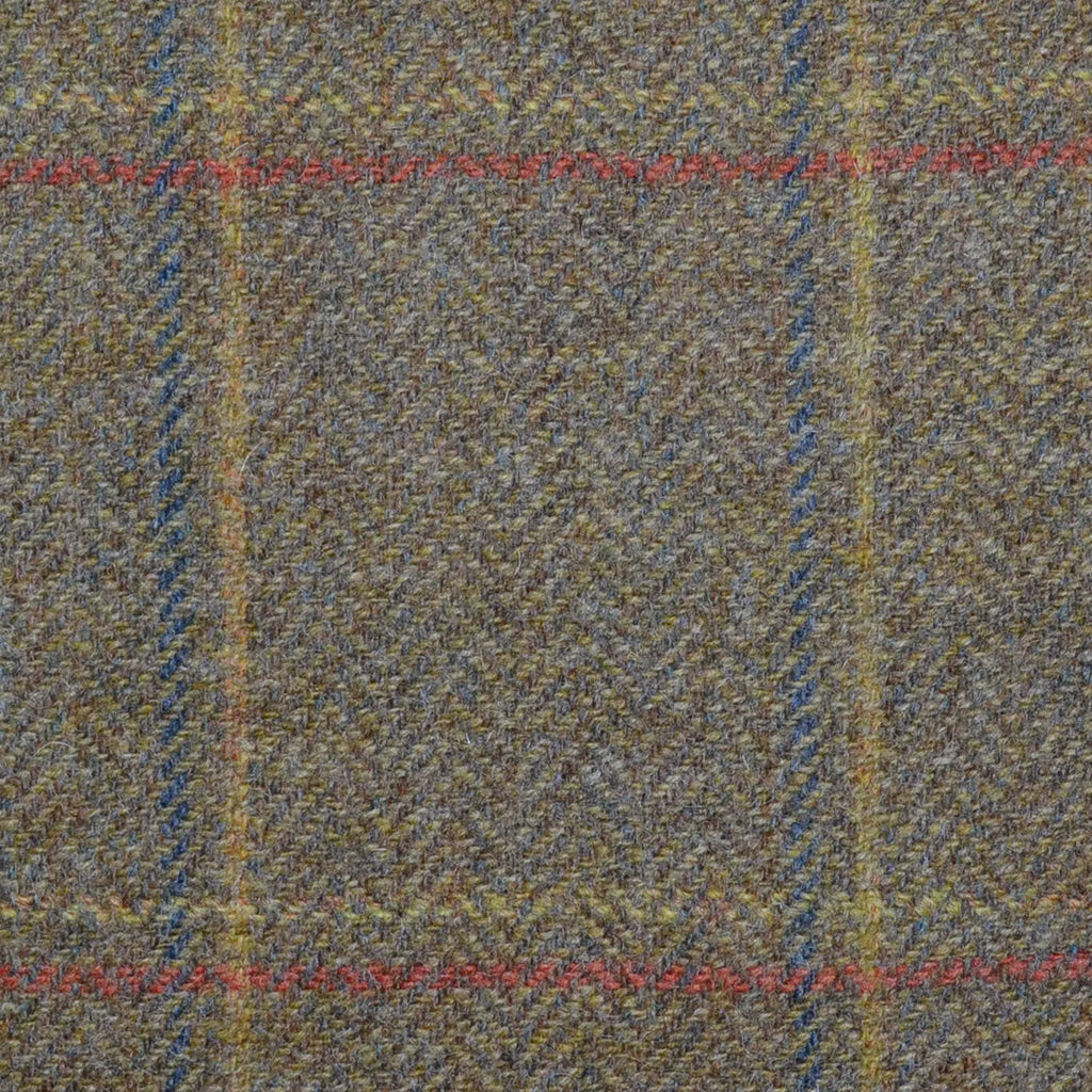 Moss Green Herringbone with Blue, Mustard and Orange Check Tweed