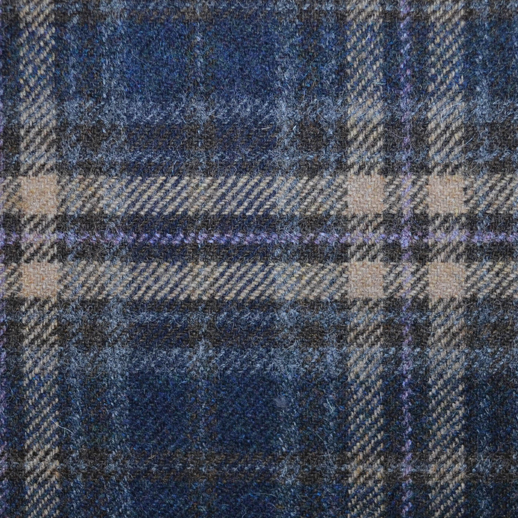 Navy Blue, Brown, Beige and Lilac Plaid Check All Wool Tweed
