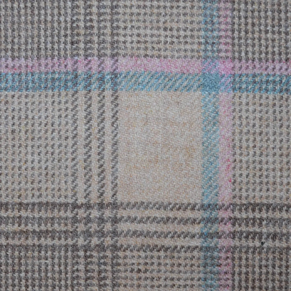 Beige with Pink, Powder Blue & Brown Glen Check All Wool Tweed