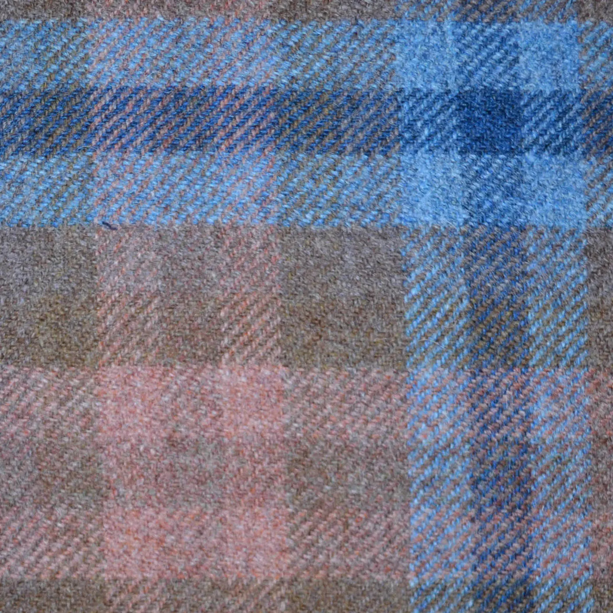 Medium Brown with Navy Blue, Salmon Pink & Powder Blue Multi Check All Wool Tweed