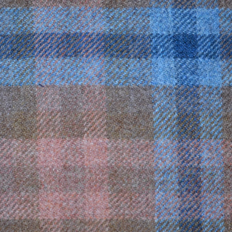 Medium Brown with Navy Blue, Salmon Pink & Powder Blue Multi Check All Wool Tweed