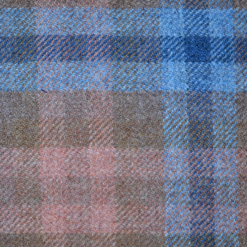 Medium Brown with Navy Blue, Salmon Pink & Powder Blue Multi Check All Wool Tweed