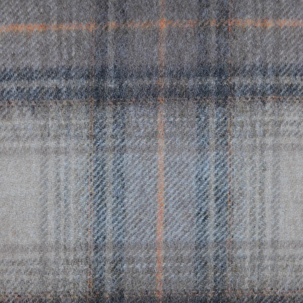 Beige with Salmon Pink, Dark Grey & Brown Plaid Check All Wool Tweed