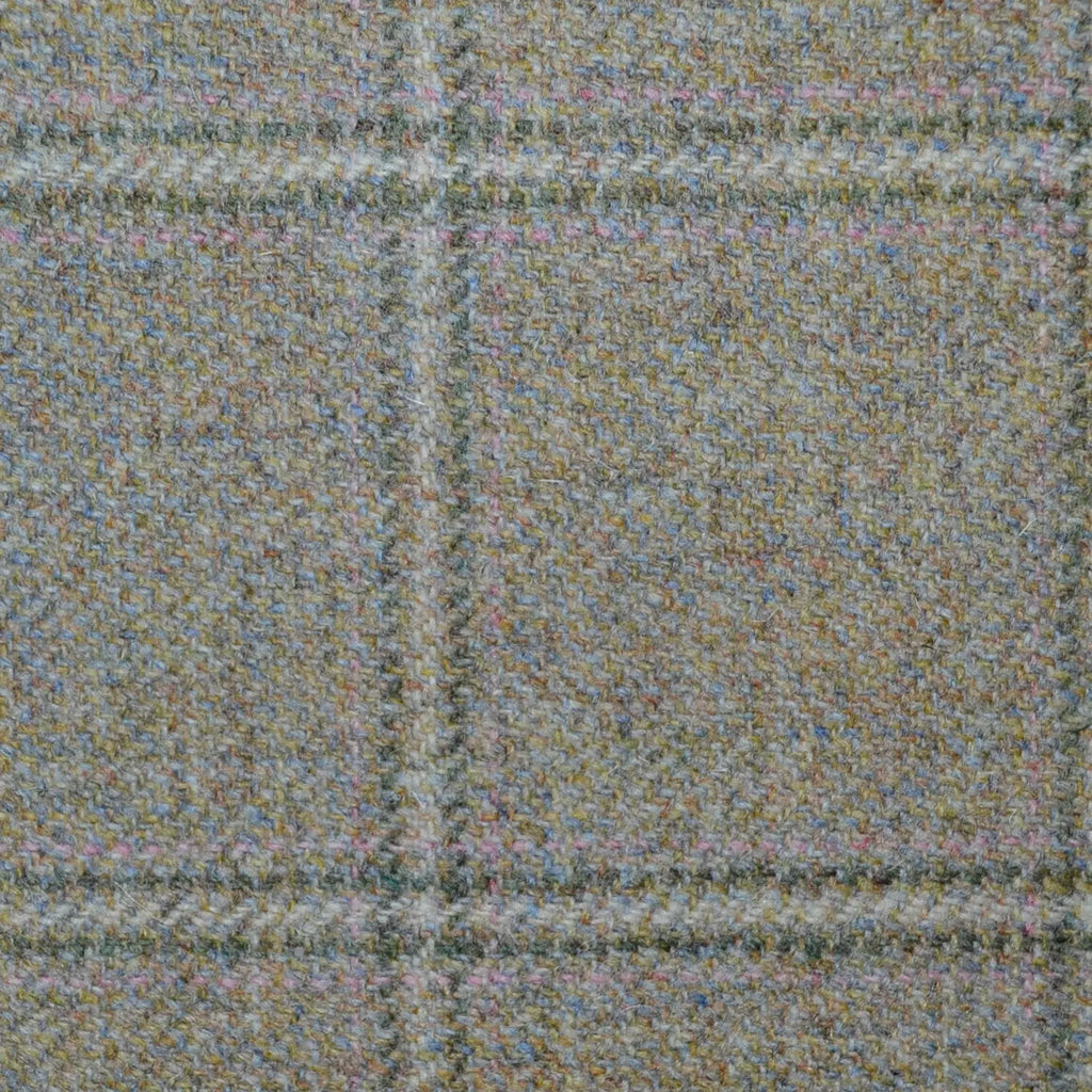 Light Grey Stone with Green and Pink Check Tweed