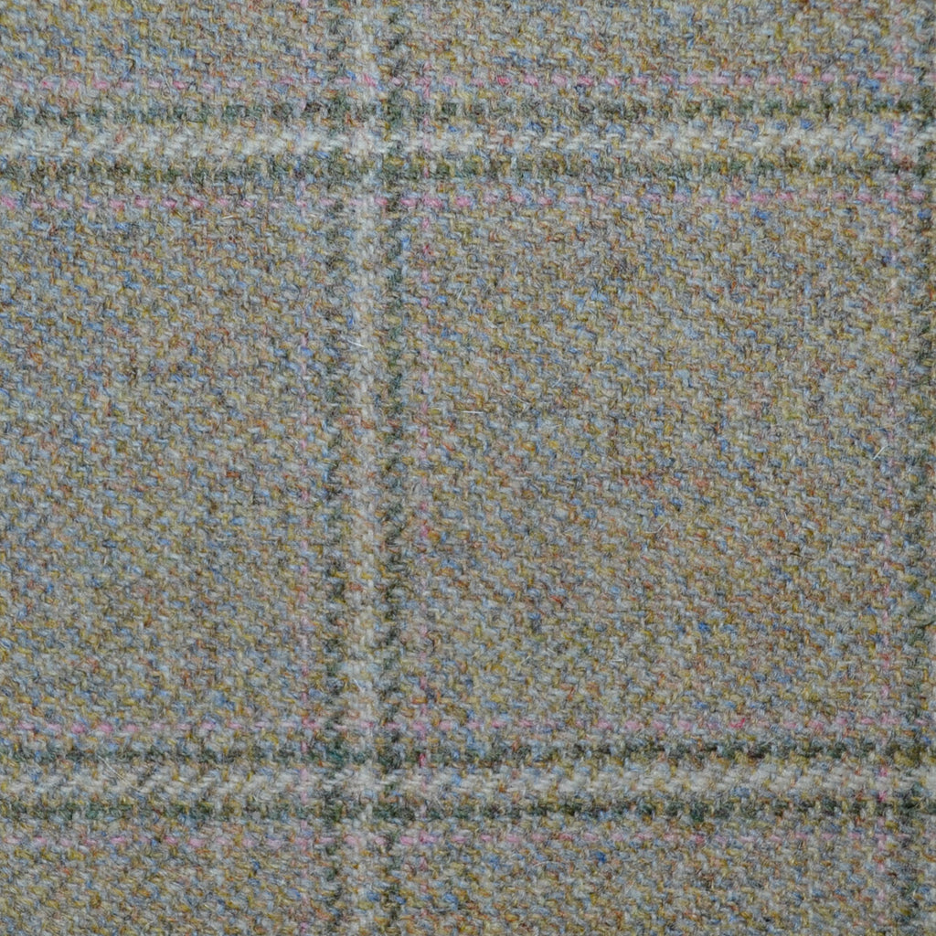 Light Grey Stone with Green and Pink Check Tweed