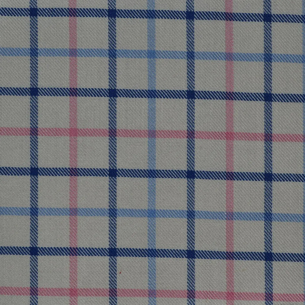 White with Blue & Pink Check Cotton Shirting