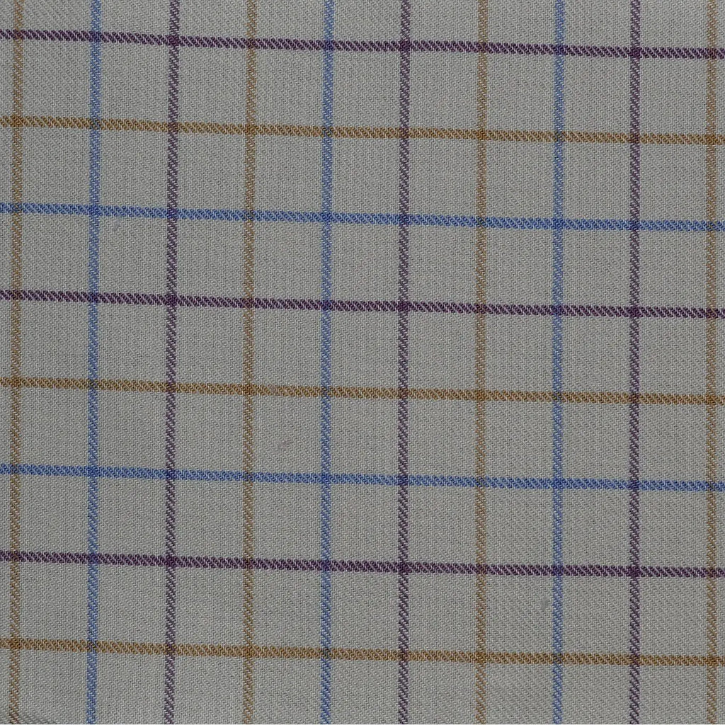 White with Blue, Tan & Purple Check Cotton Shirting