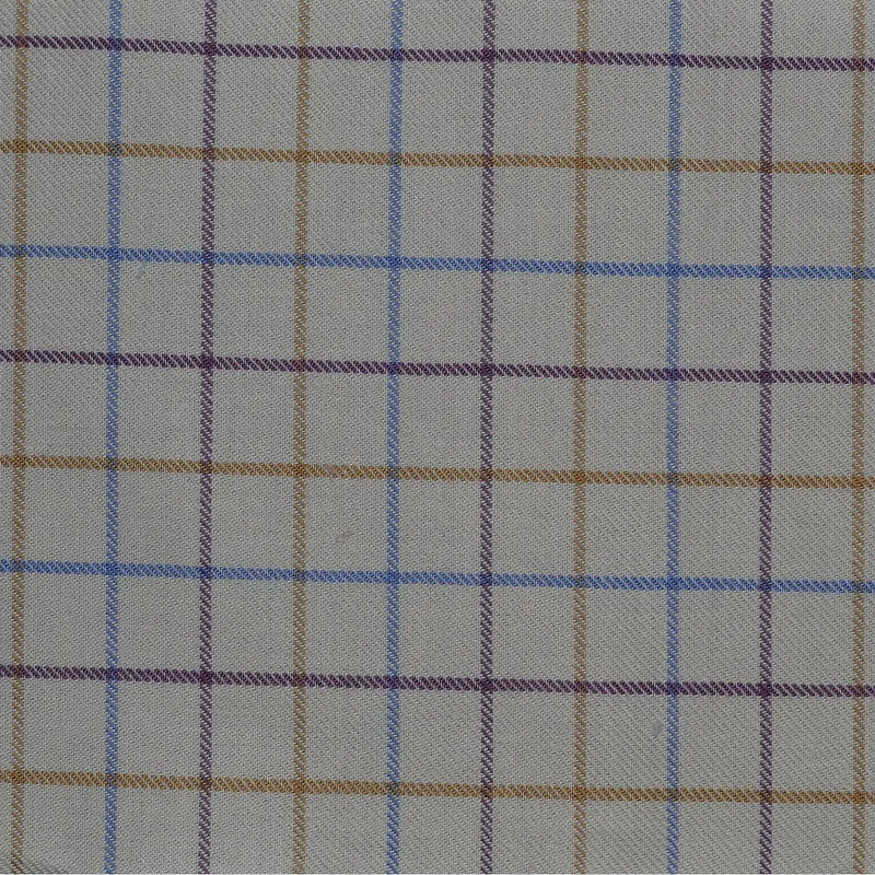White with Blue, Tan & Purple Check Cotton Shirting