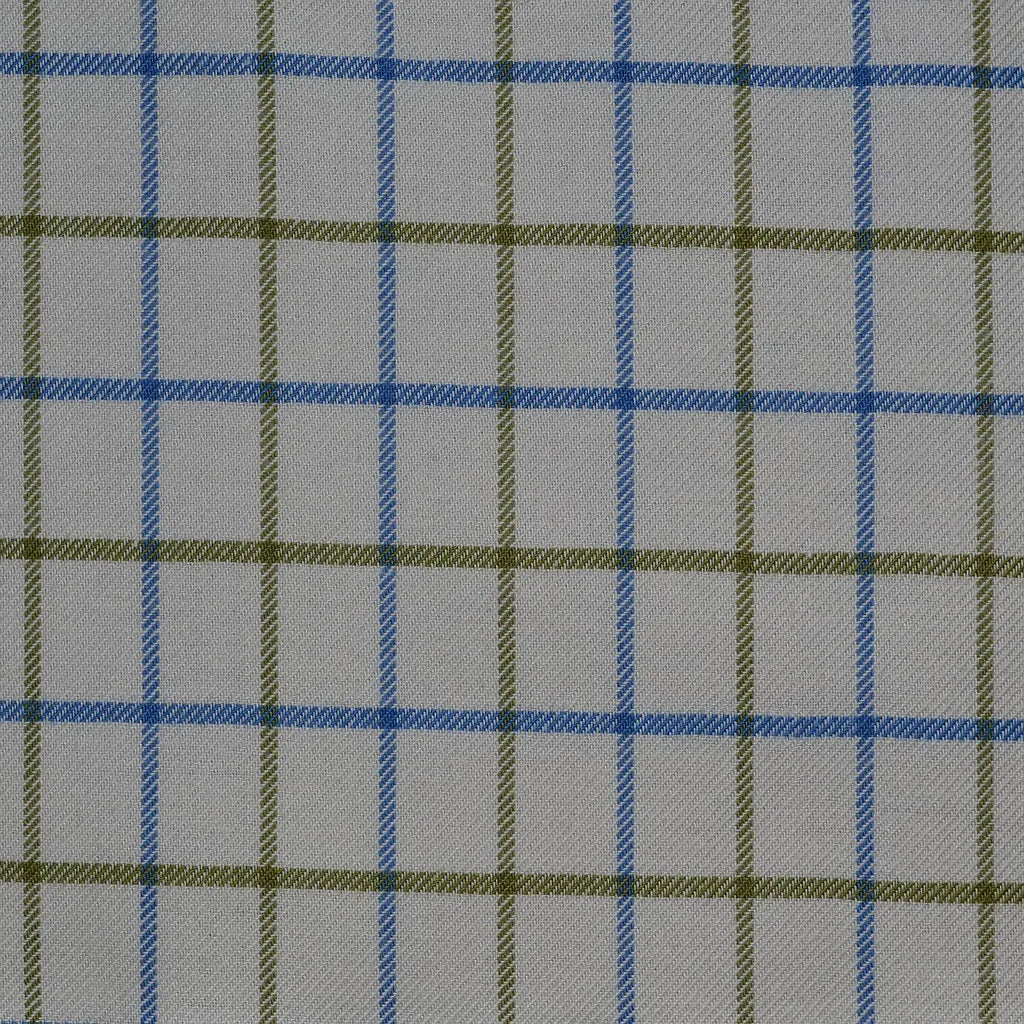 White with Blue & Olive Green Check Cotton Shirting