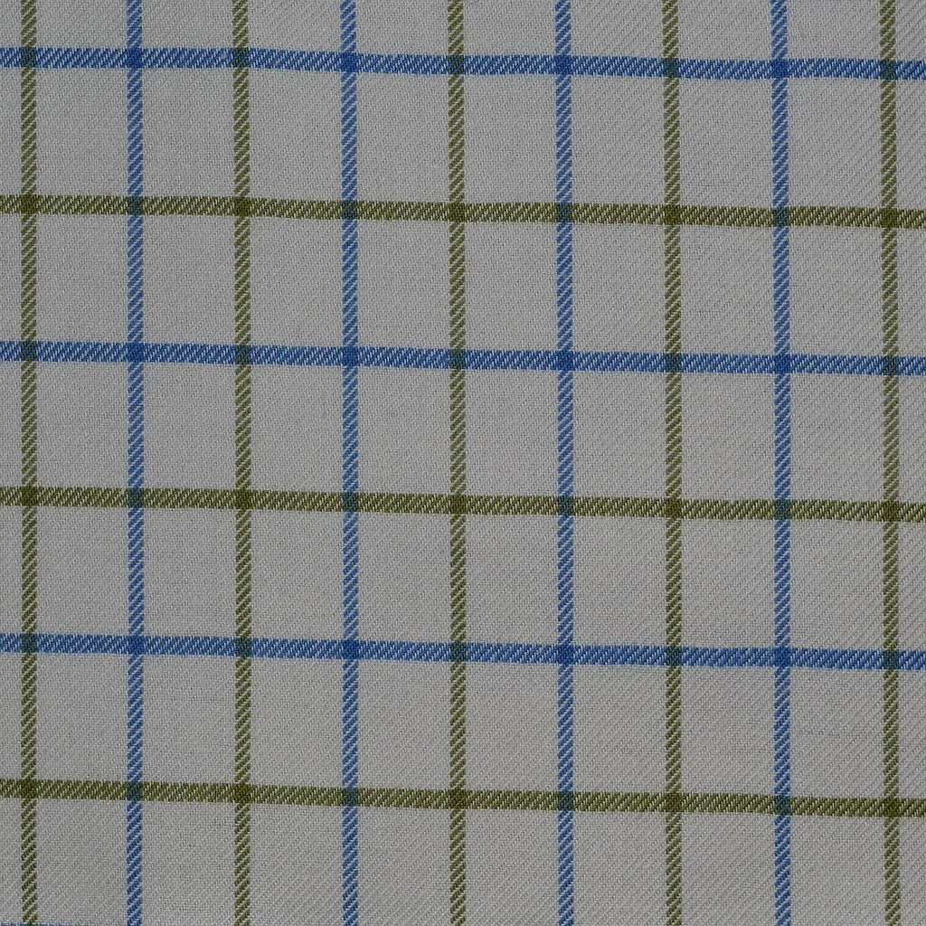 White with Blue & Olive Green Check Cotton Shirting